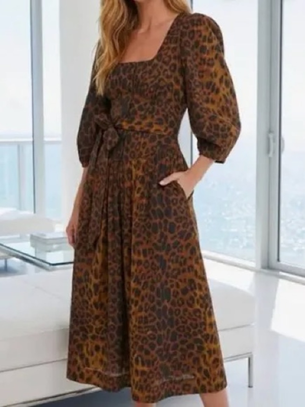 Tuckernuck Leopard Graciela Dress Womens 6 Brown NWT Square Neck Puff Sleeve - Picture 3 of 13